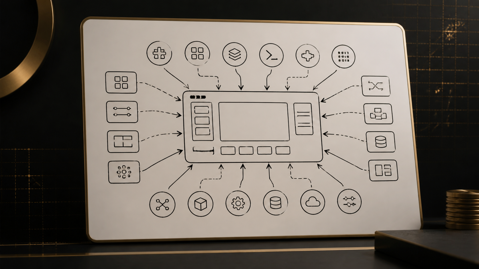A whiteboard diagram connecting many small modules to one central workspace